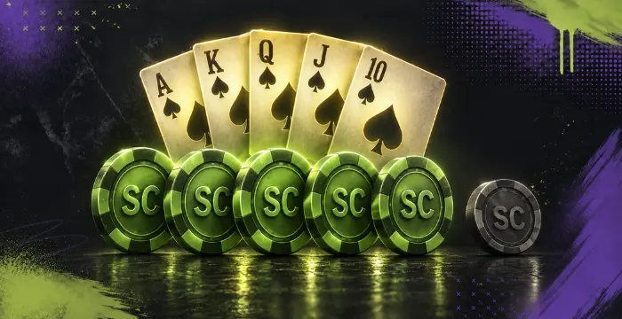 Video poker royal flush cards with Sweeps Coins in a casino gaming graphic