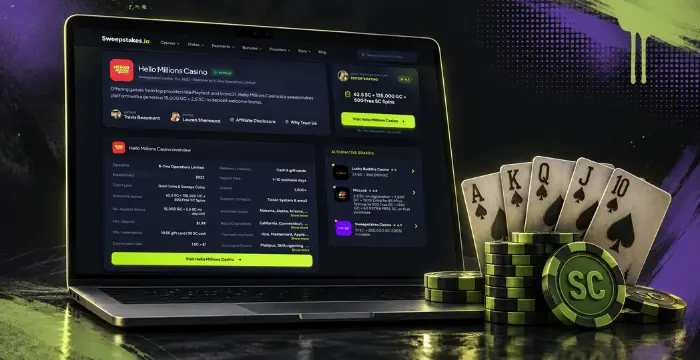 Hello Millions Casino review with video poker cards and Sweeps Coins gaming graphic