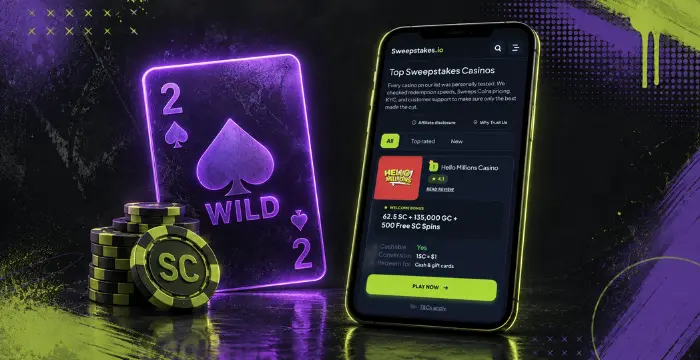 Top sweepstakes casinos on mobile with Wild poker card and Sweeps Coins stack