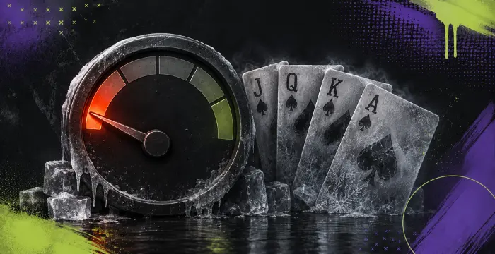 Frozen video poker cards beside a low-risk meter in a casino gaming graphic