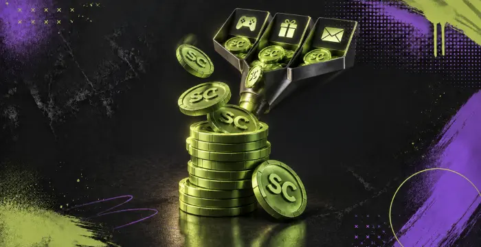 Sweeps Coins flowing from gaming, gift, and email rewards into stacked virtual coins