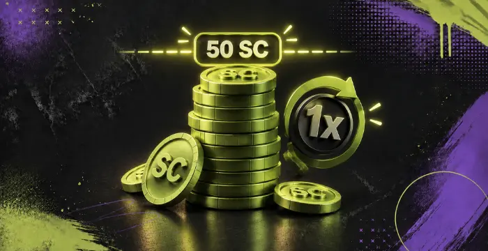 50 SC reward with stacked Sweeps Coins and 1x multiplier icon