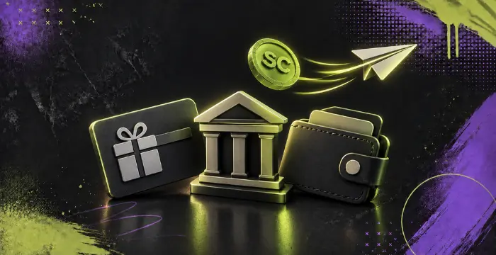 Sweeps Coin transfer with gift card, bank, wallet, and paper plane icon
