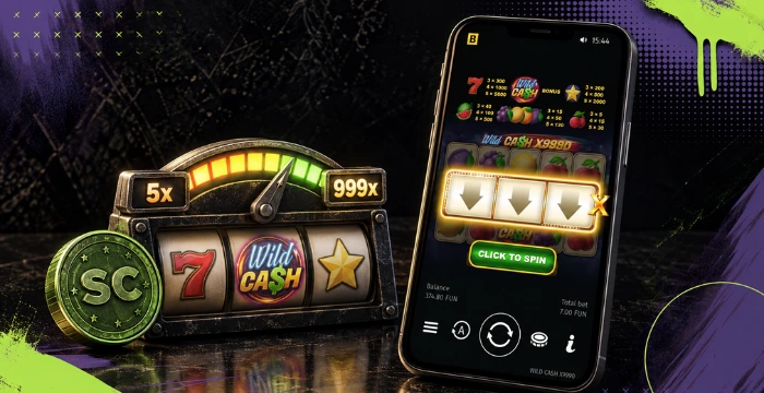Wild Cash slot game with Sweeps Coin, 5x–999x multiplier meter, and mobile spin screen