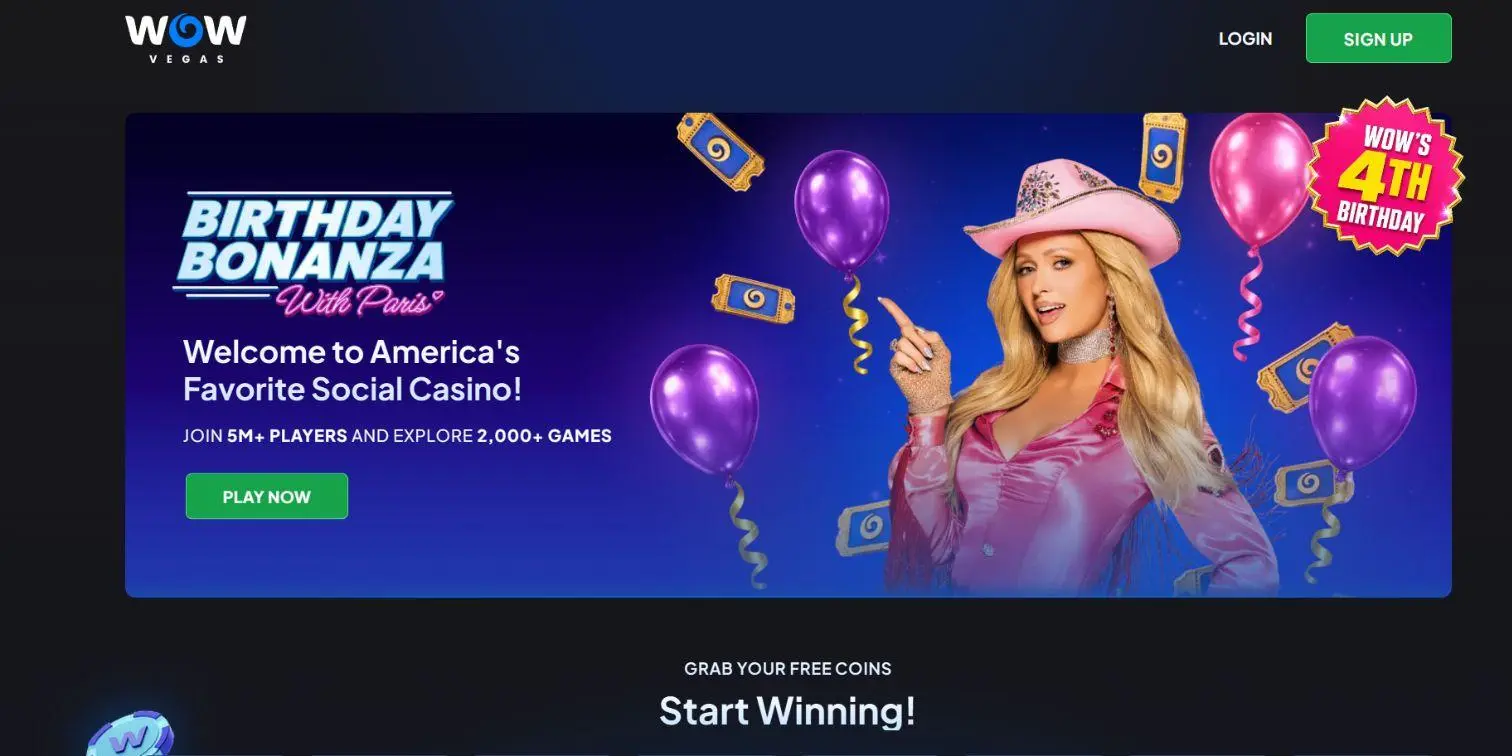 WOW Vegas sweepstakes casino homepage with free coins and social casino games.