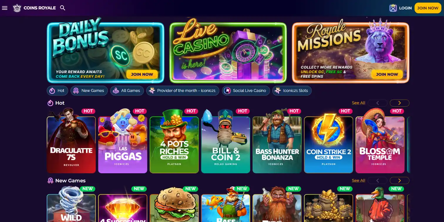 Screenshot of Coins Royale Casino homepage.
