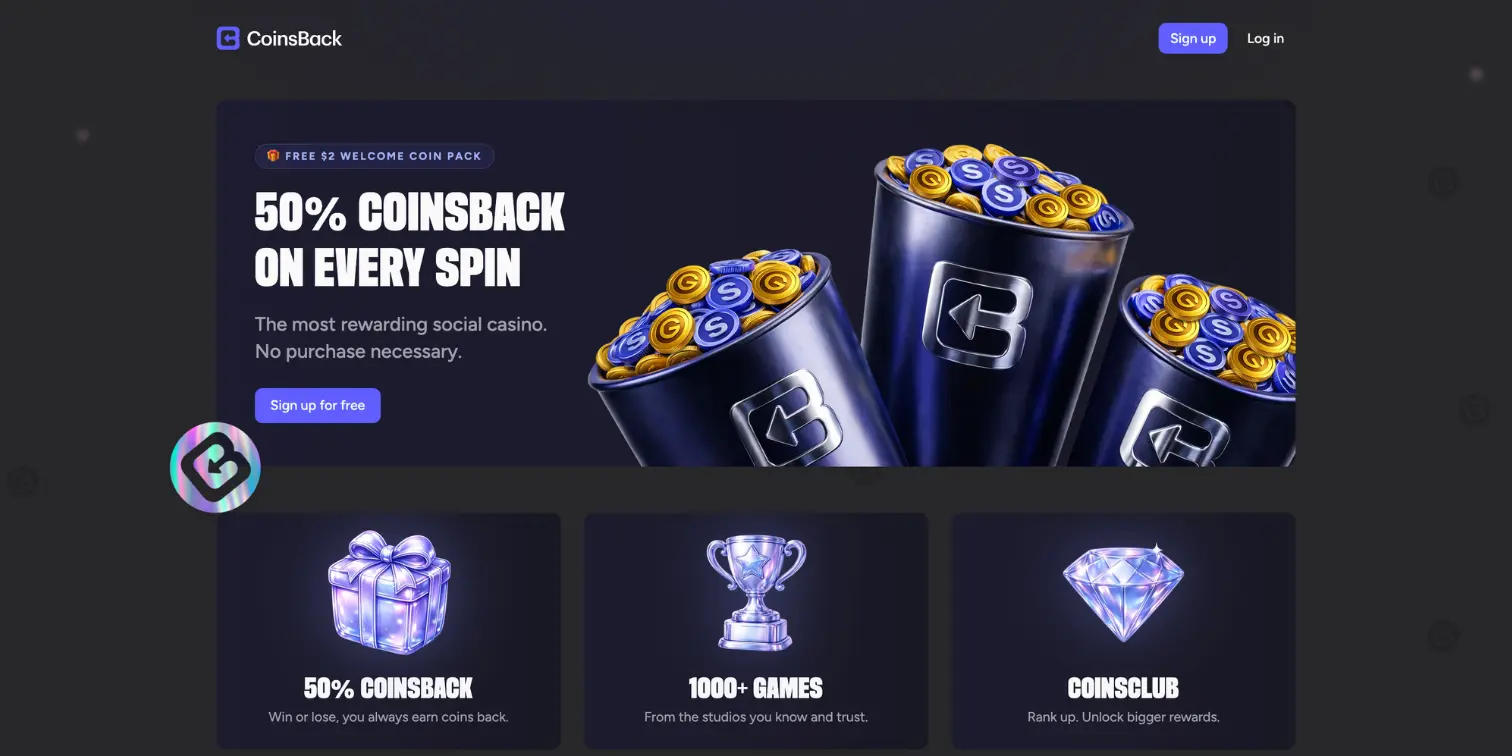 Screenshot of CoinsBack Casino homepage.