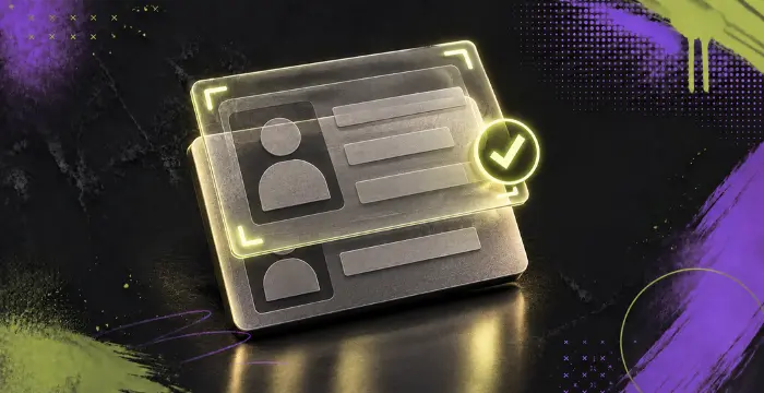 KYC identity verification process with digital ID cards and green approval checkmark.
