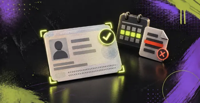 KYC identity verification with approved ID card, review calendar, and rejected document.