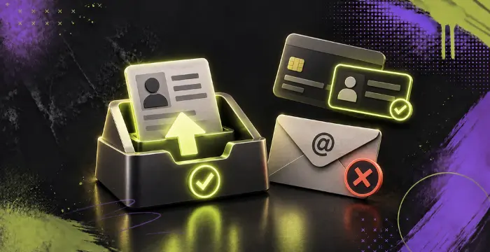 KYC document verification with approved identity cards, secure upload, and rejected email.