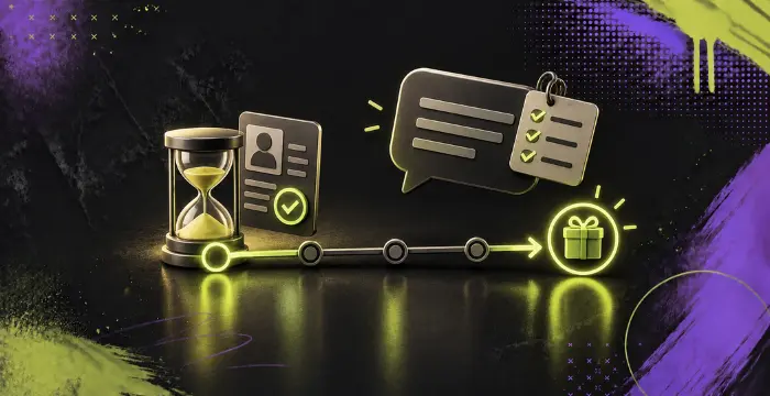 KYC verification timeline with approved ID, review checklist, hourglass, and reward icon.