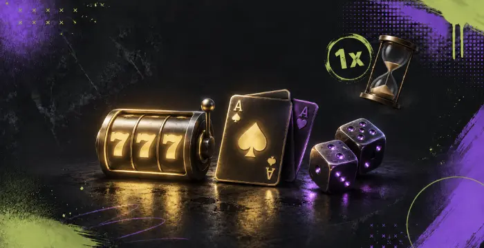 Sweeps Coin 1x playthrough requirements illustrated with casino slots, playing cards, and dice.