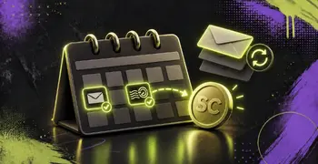 AMOE mail-in entry timeline with calendar, envelope confirmation and Sweeps Coins rewards