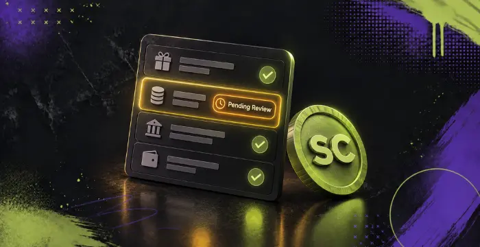 Sweeps Coin redemption status showing pending review and completed verification checks